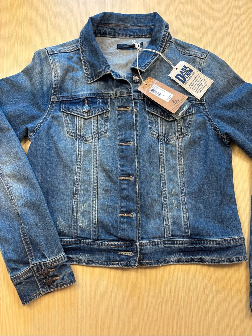 prAna Dree Dark Wash Distressed Stretch Denim Trucker Jacket Sz S